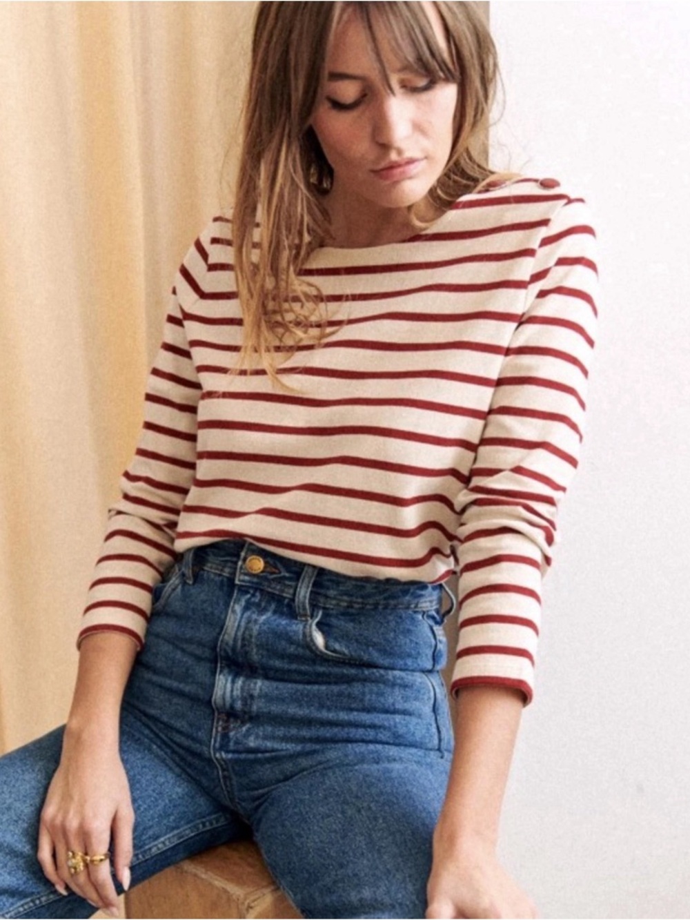 Sezane lightweight striped boatneck cotton sweater w button shoulder medium
